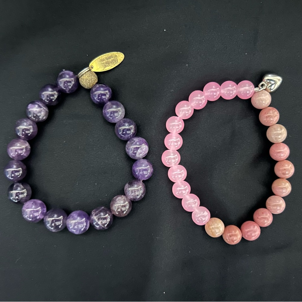 natural stone amethyst bracelet (realia by Jen) + rose quartz beaded bracelet